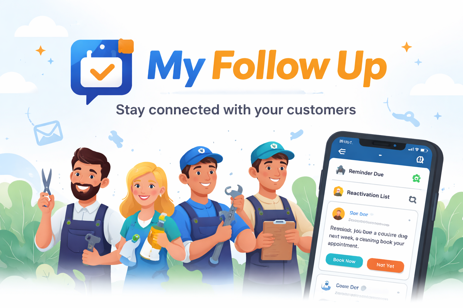 MyFollowUp app showing customer list and follow-up reminders